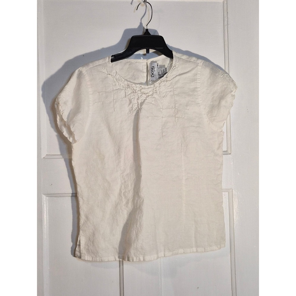 JSong Collection White 100% Linen Embroidered Lace Neckline Blouse Top Size 10